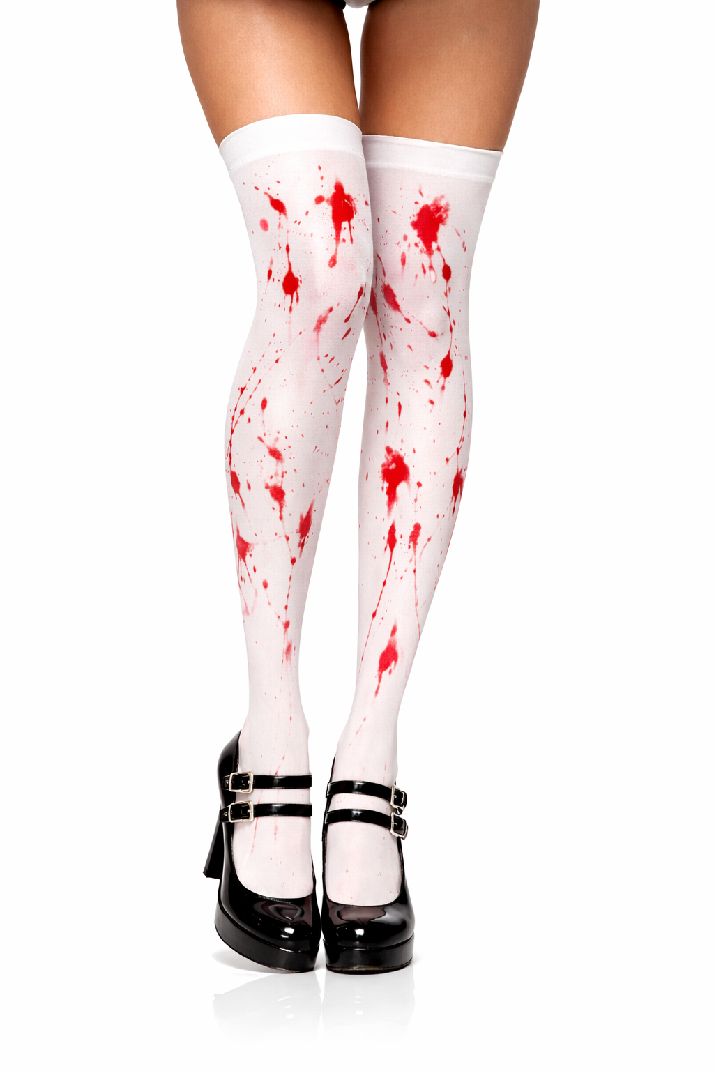 White thigh-high socks with red blood splatter design worn with black shoes on a white background