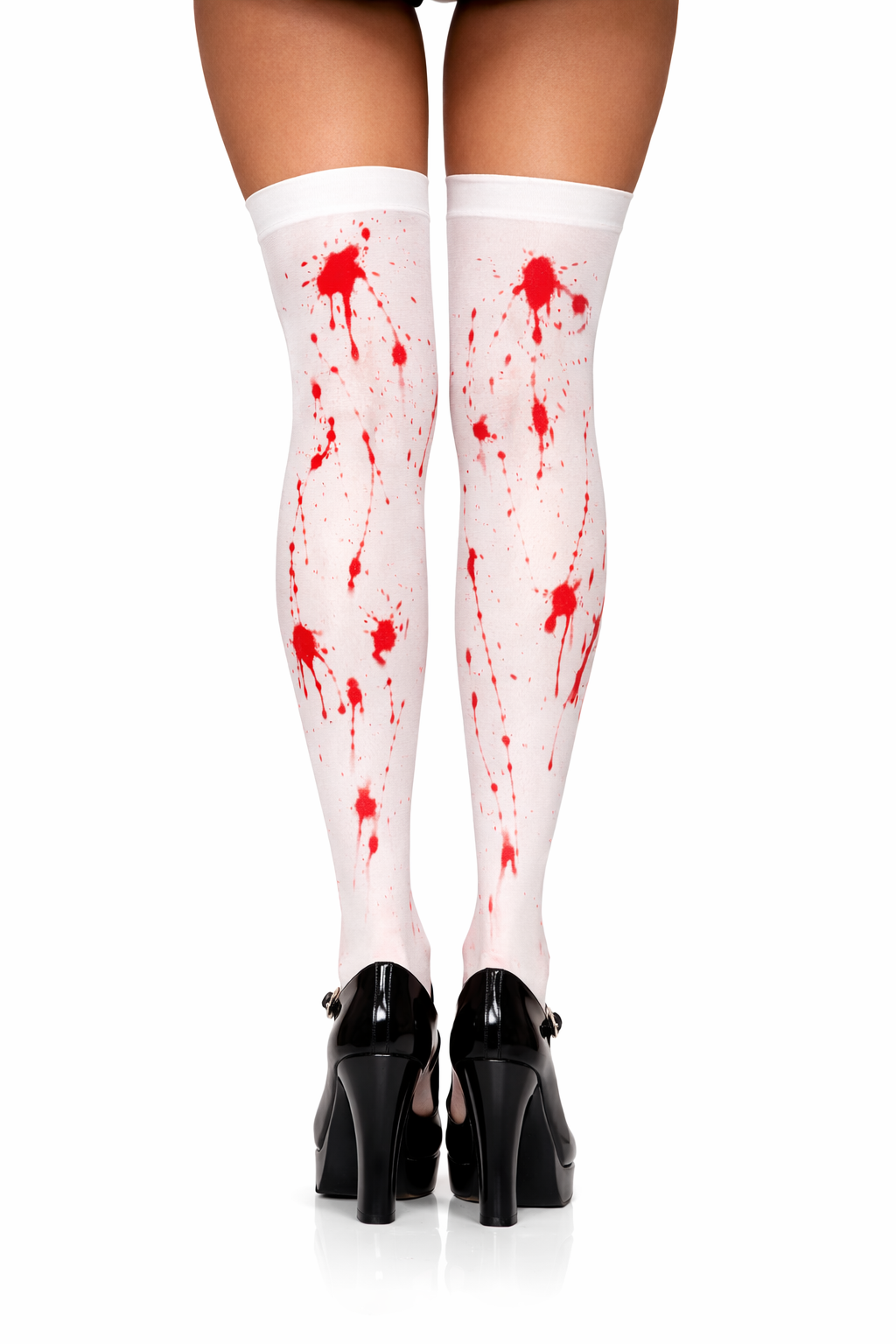 White thigh-high socks with red blood splatter design worn with black high heels on a white background