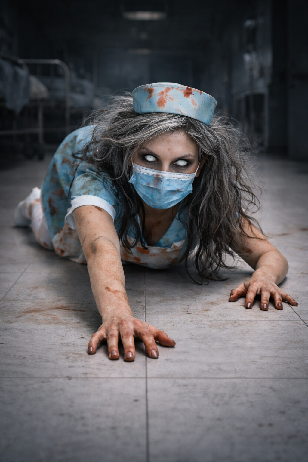 Person in a horror-themed nurse costume on a floor