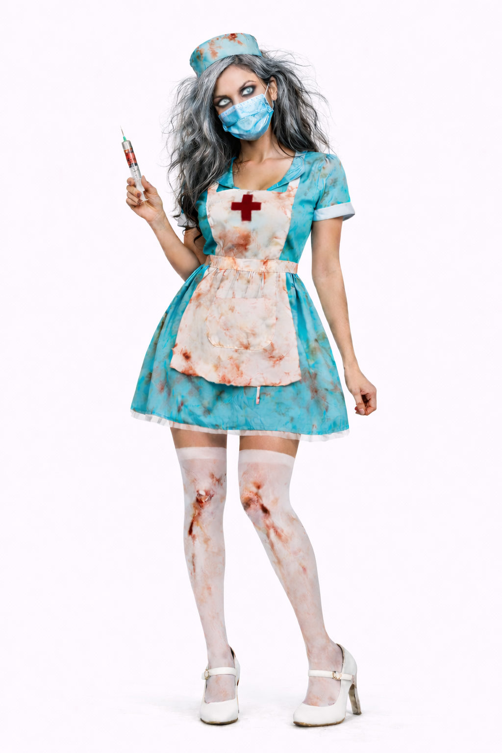 Person wearing a Halloween costume with a bloody nurse dress on a white background