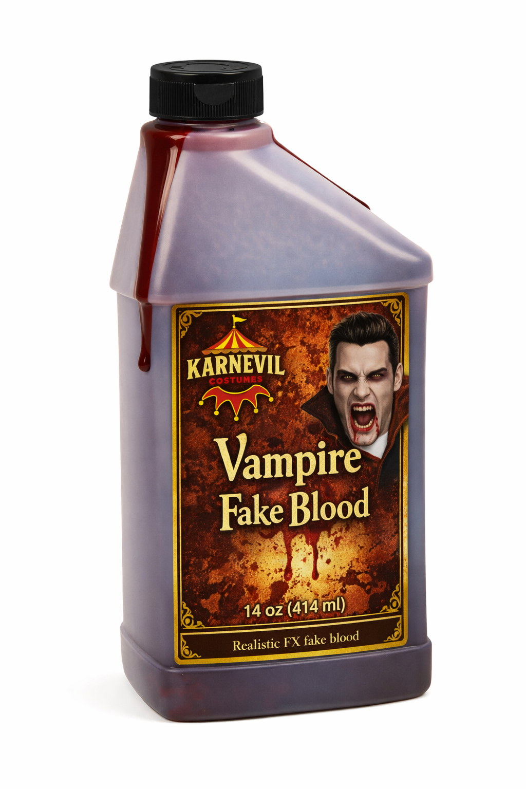 Bottle of Karnevil Vampire Fake Blood with a label featuring a vampire face on a white background.