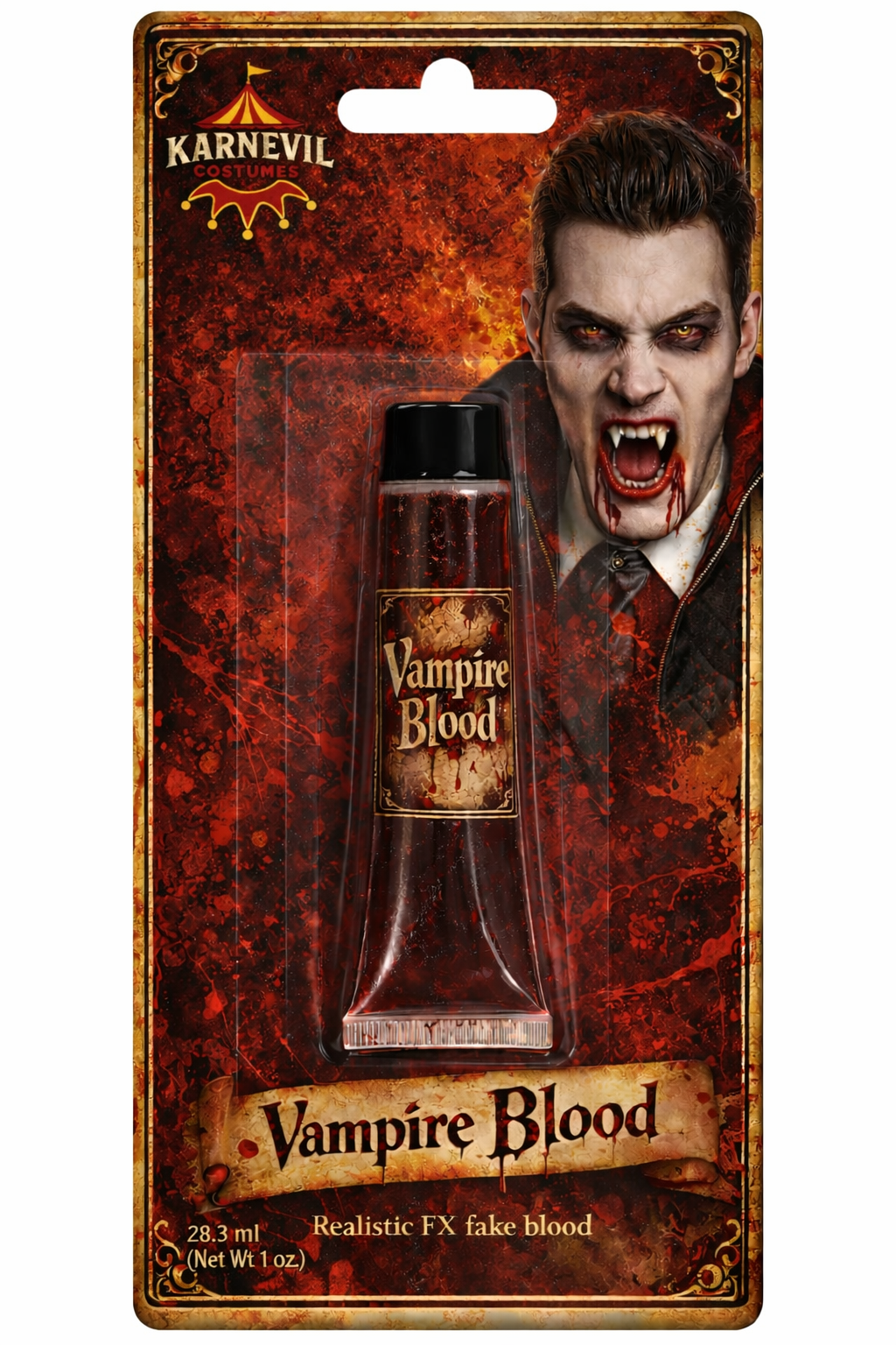 Vampire blood product with a Halloween-themed packaging design on a white background