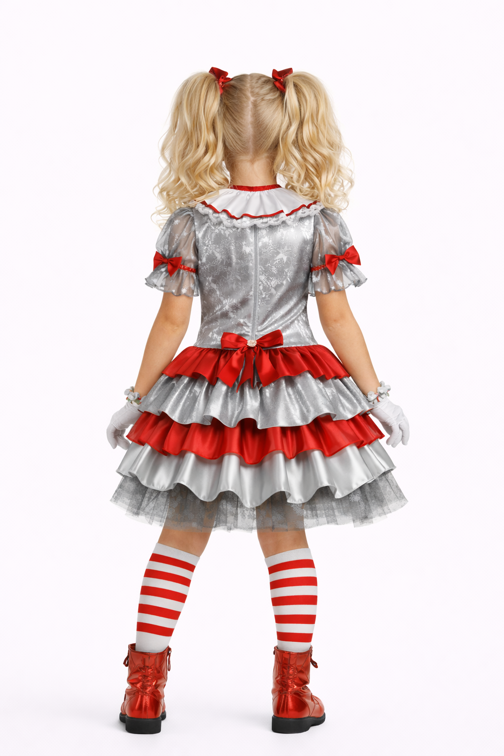 Child wearing a silver and red dress with pigtails on a white background