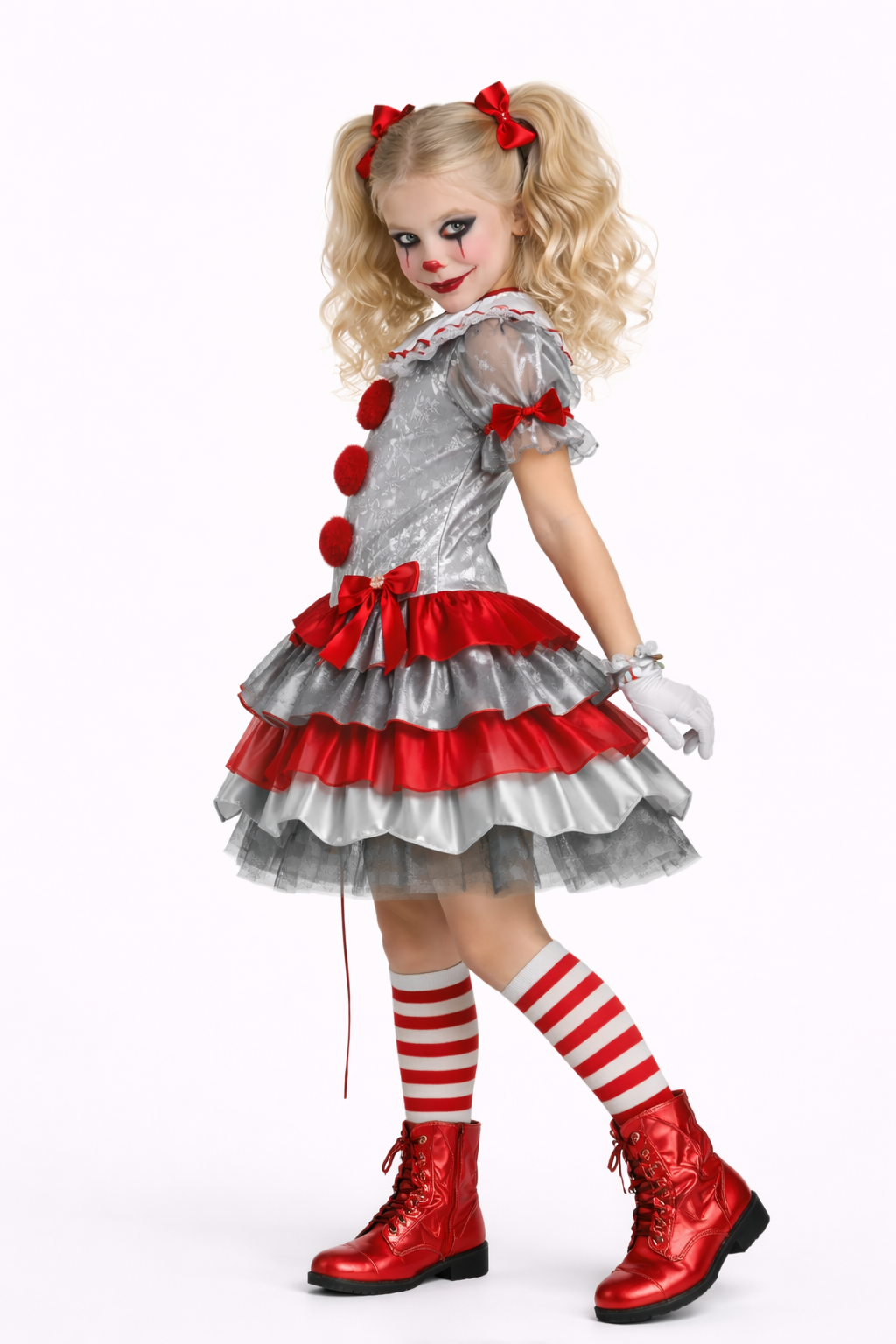 Child in a clown costume with red and gray dress, white gloves, and red shoes on a white background
