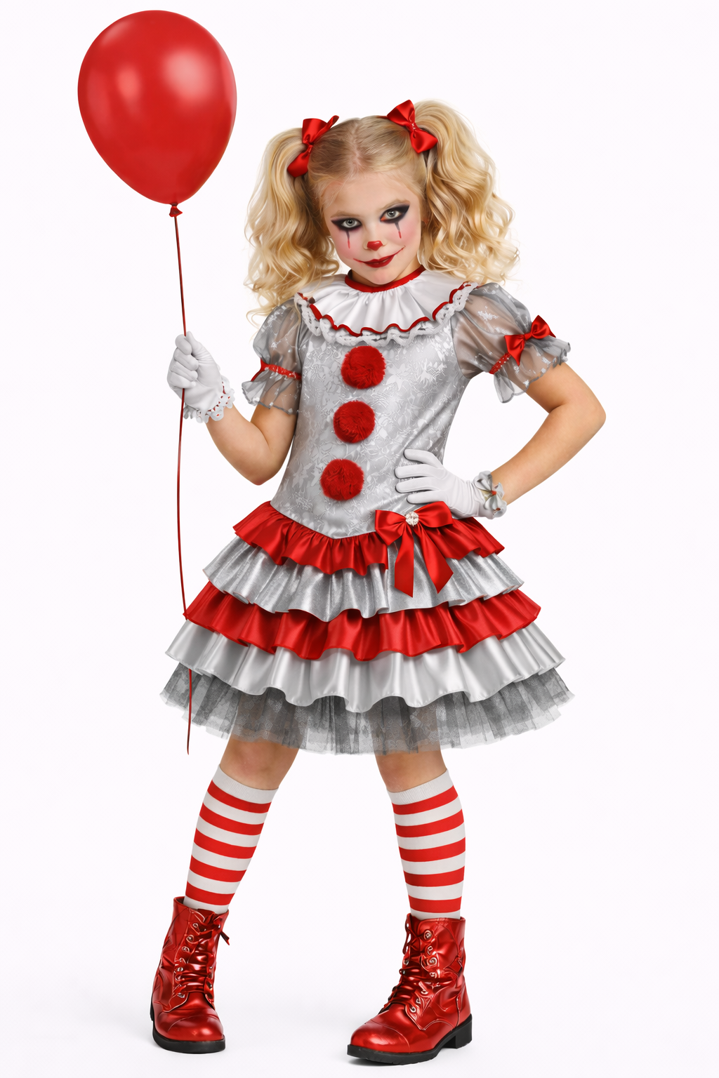 Child in a clown costume holding a red balloon on a white background