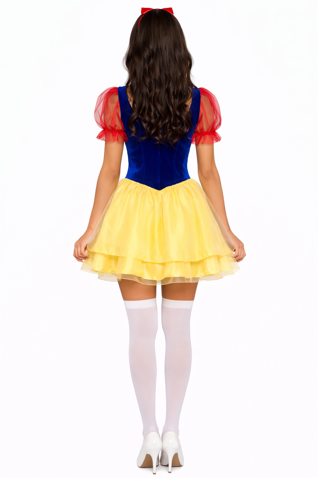 Person wearing a Snow White costume on a white background