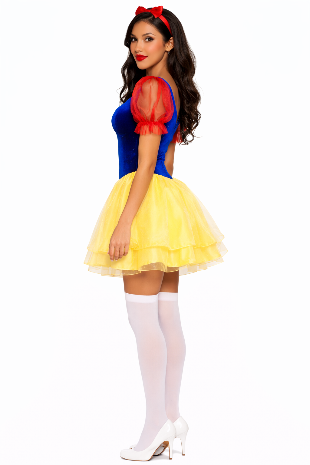 Person wearing a Snow White costume on a white background