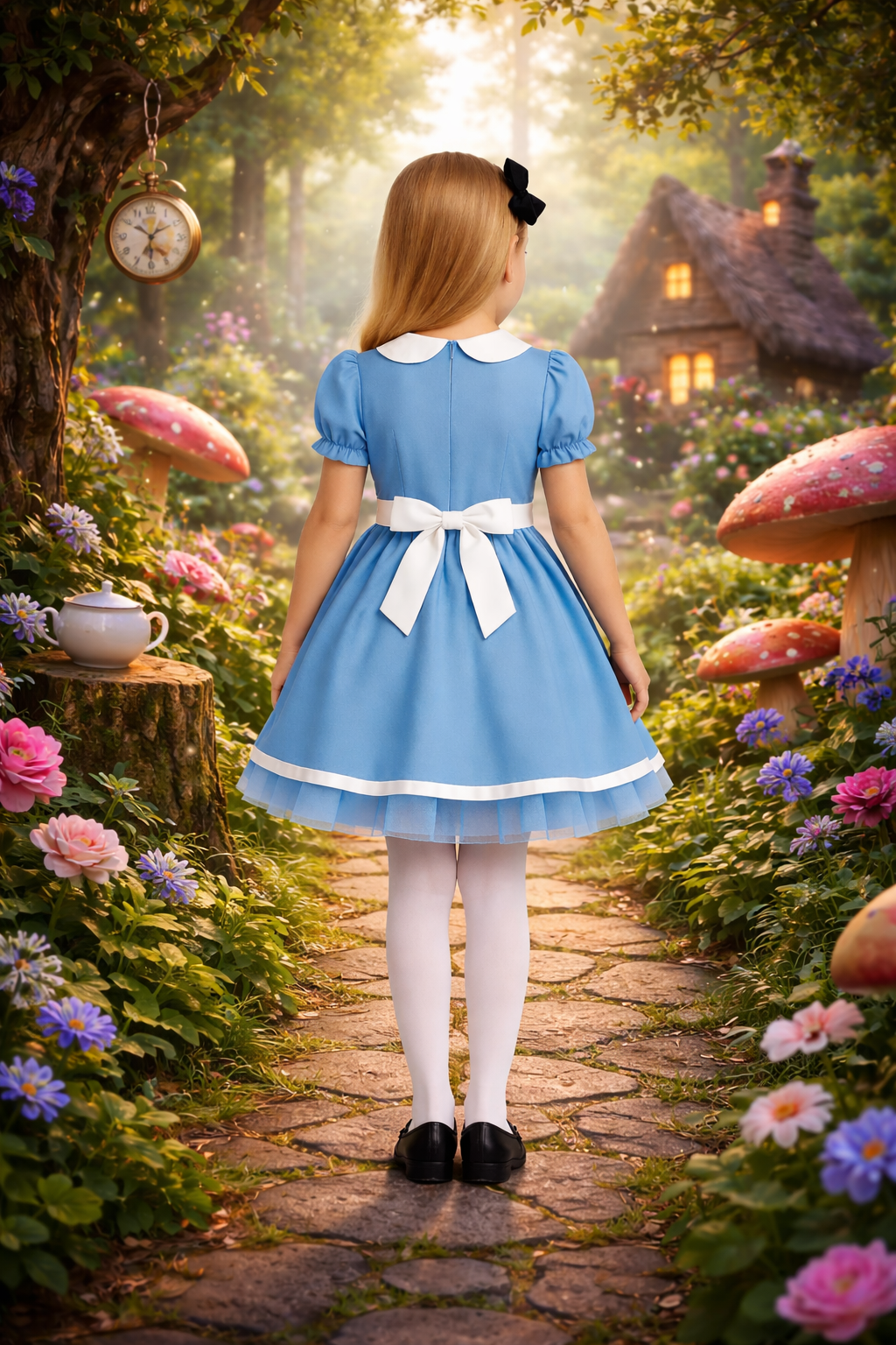 Young girl in a blue dress standing on a stone path in a fantasy garden with fairy tale houses and flowers.