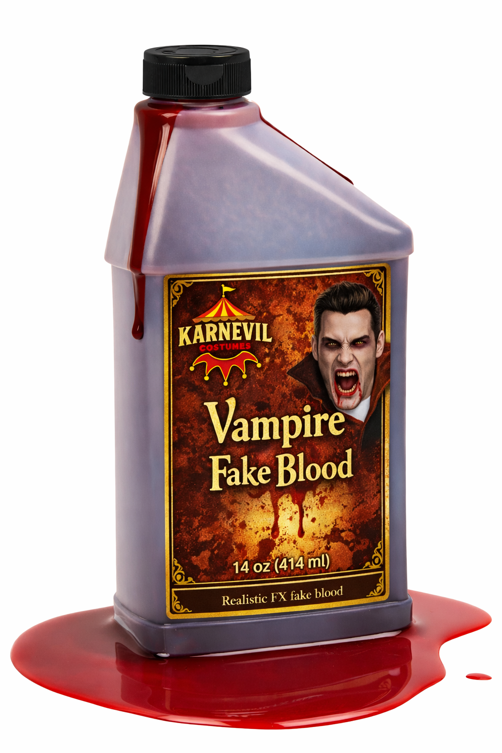 Bottle of Karnevil Vampire Fake Blood with label and red liquid on a white background