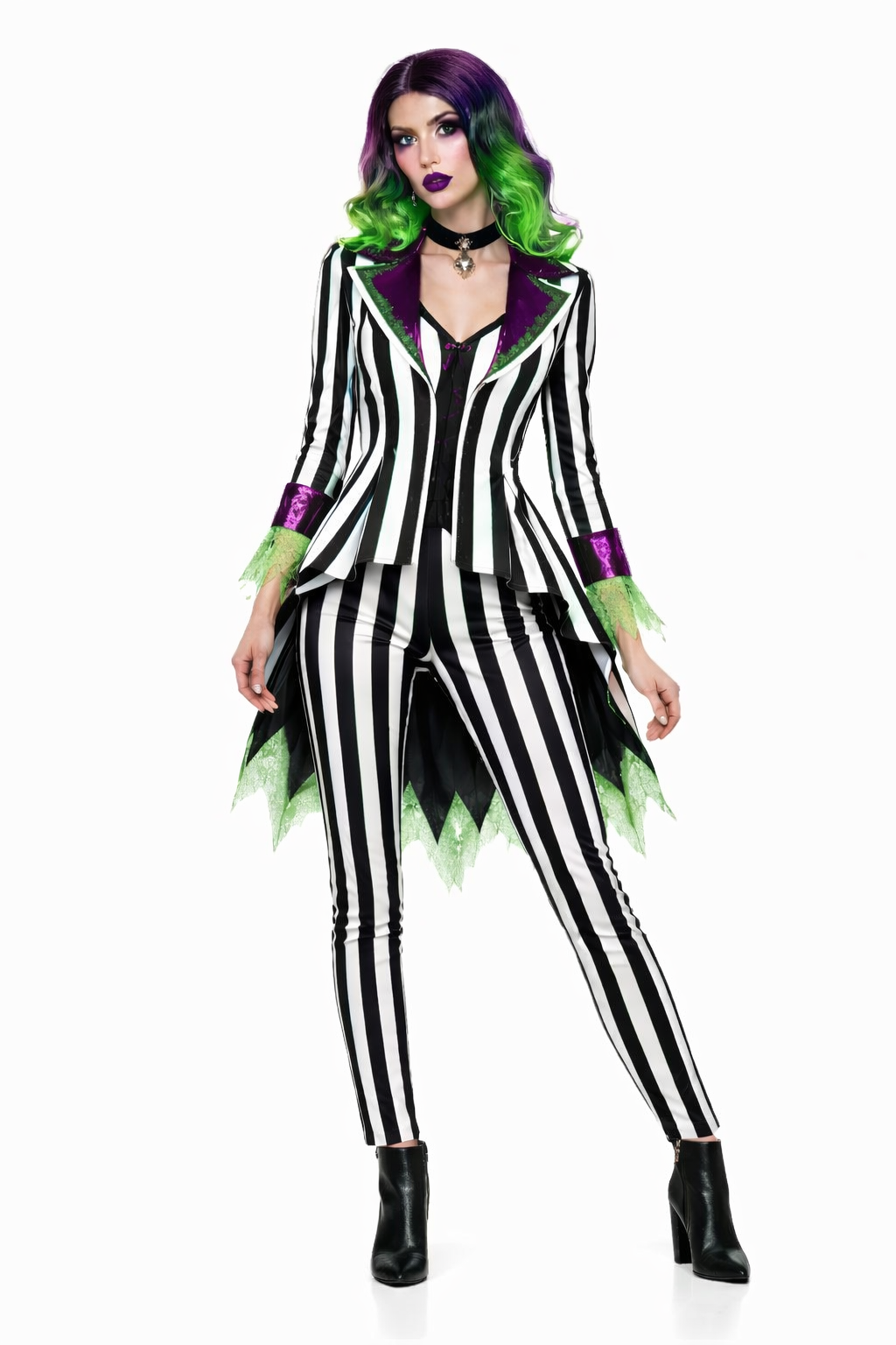 Person wearing a black and white striped costume with green accents on a white background