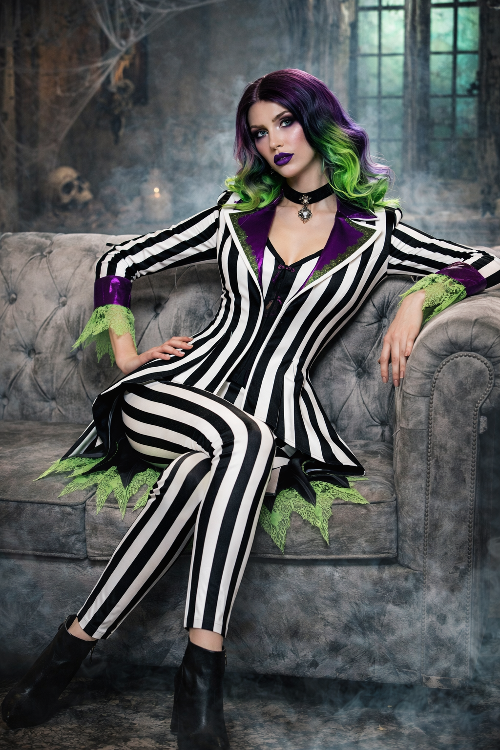 Person in a striped suit with green accents sitting on a couch in a spooky setting.