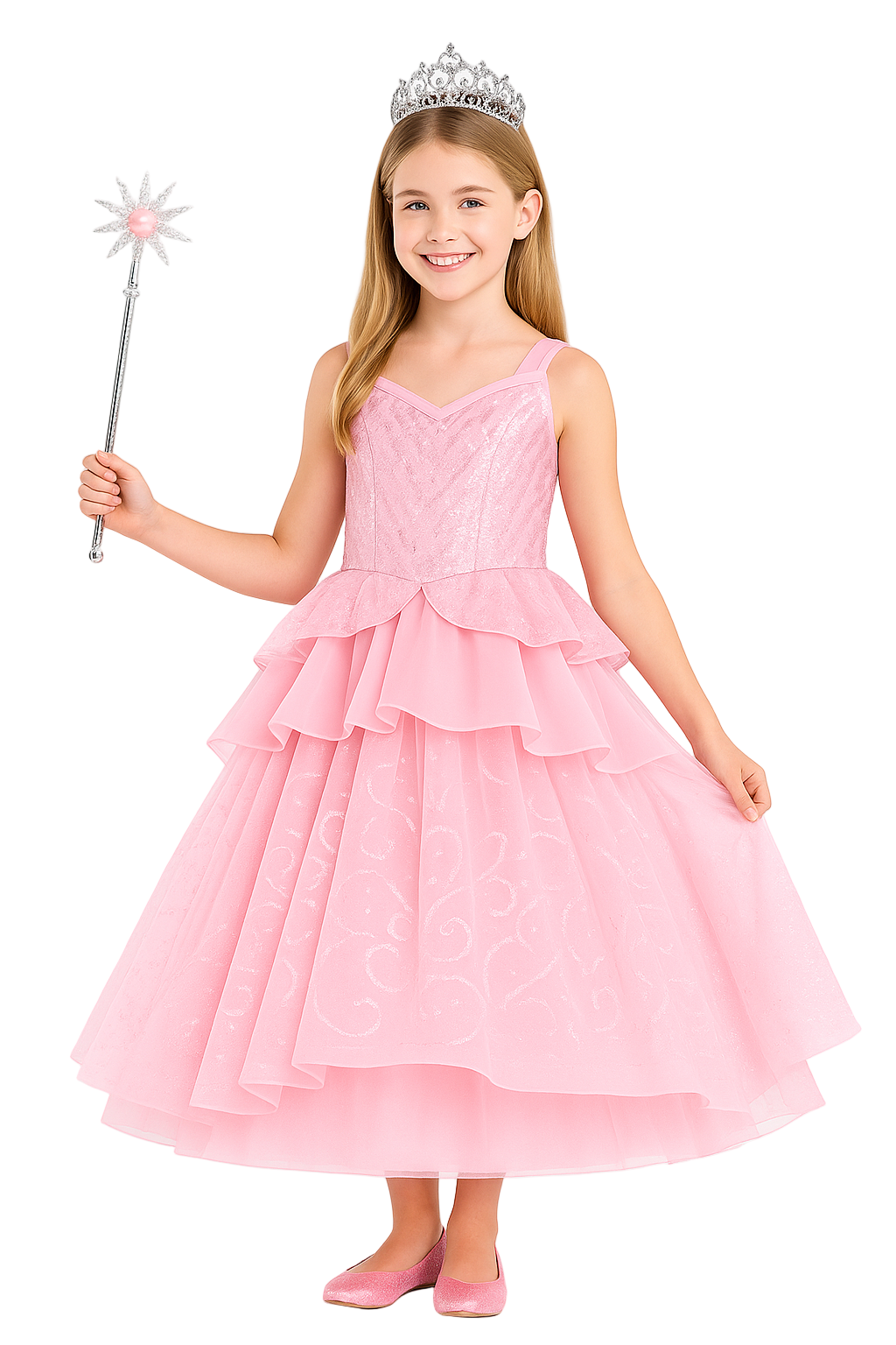 Young girl in a pink witches costume dress with a tiara and wand on a white background