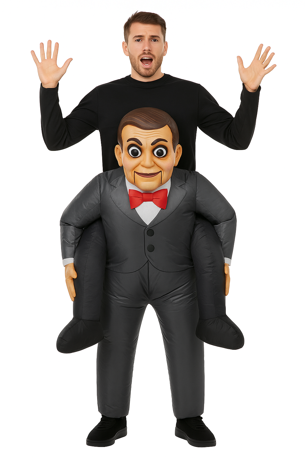 Person wearing an inflatable costume of a man in a suit with a cartoon face.