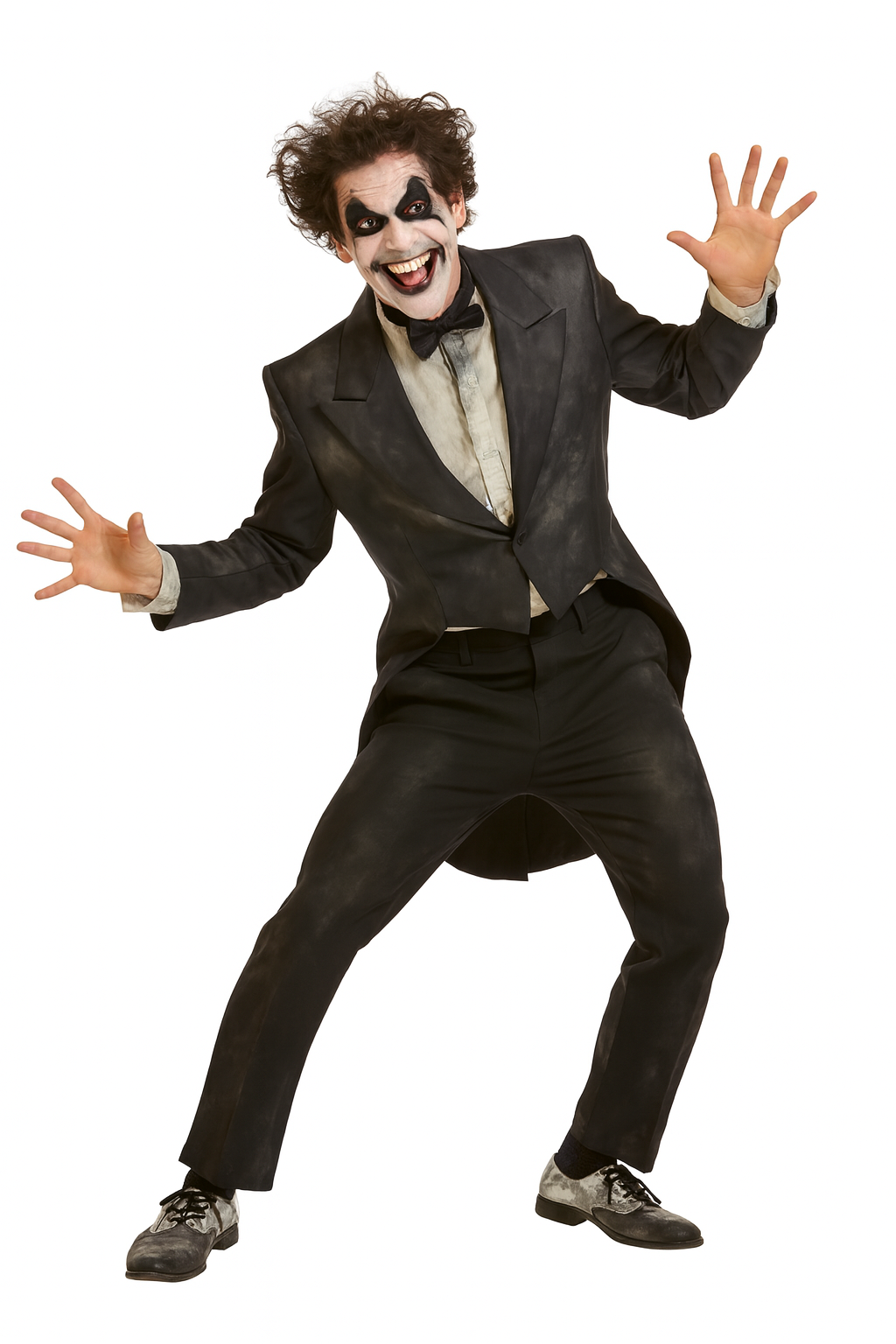Man in a black Twisted Harlequin Costume suit with white makeup on a white background