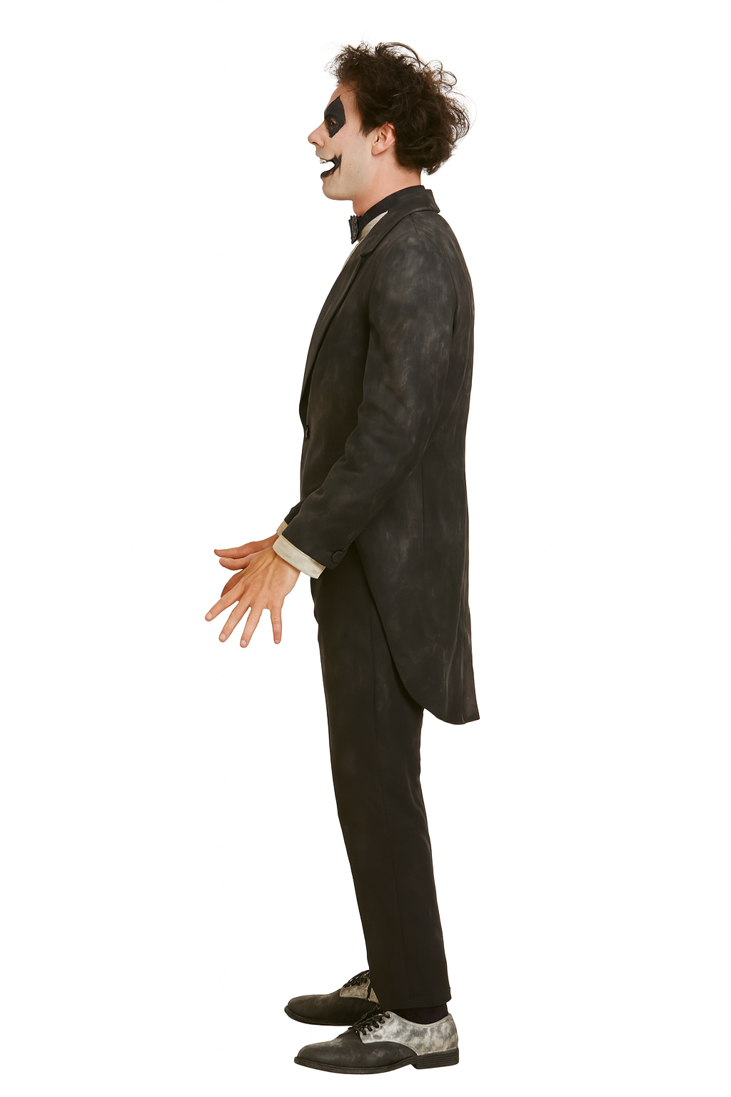 man in a dark suit dressed as a harlequin for halloween