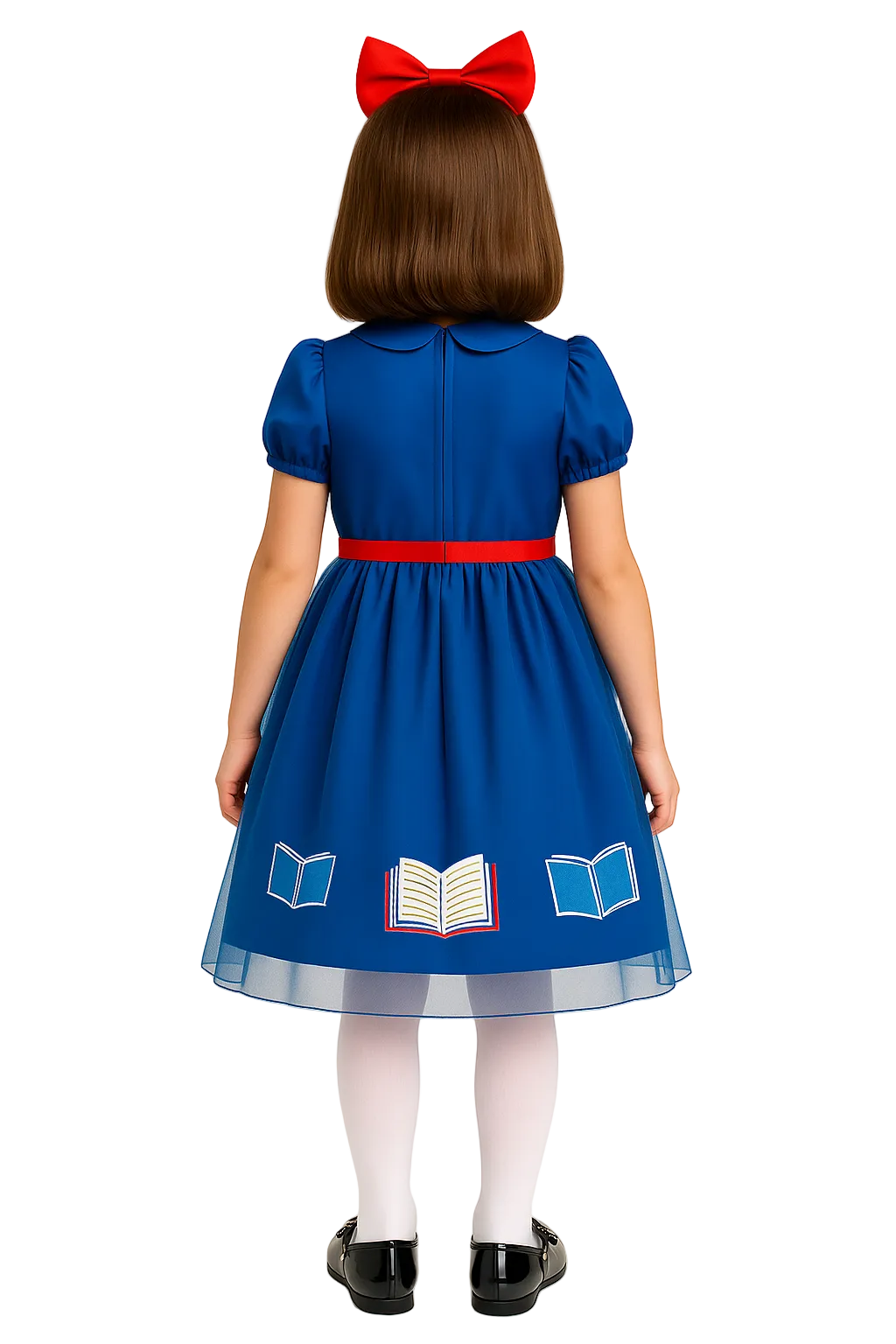 Child wearing a blue dress with book illustrations and red belt on a beige background