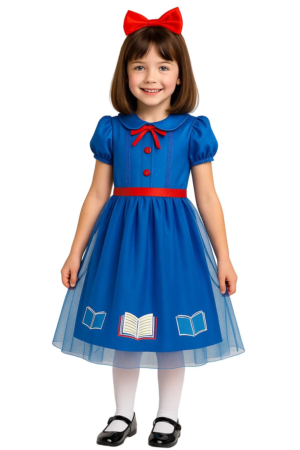 Young girl wearing a blue dress with red accents and a red bow, standing against a white background.