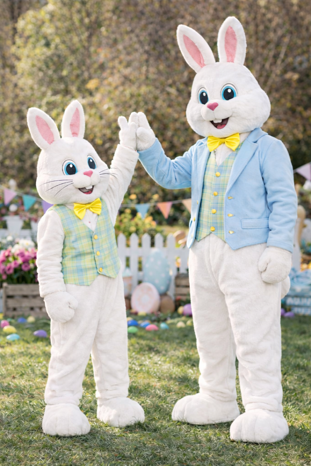 Two Easter bunnies in costumes giving a high-five outdoors with Easter eggs and decorations.