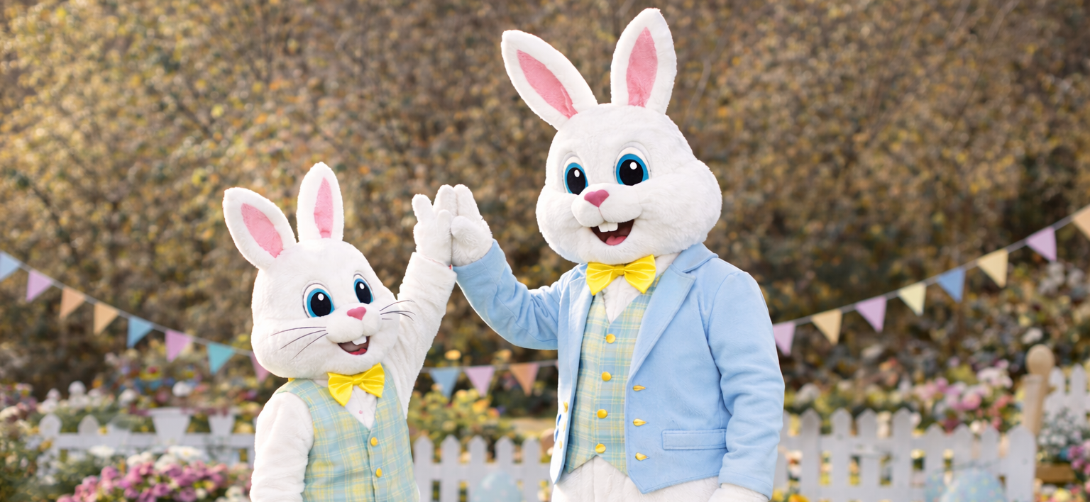 Two people in Easter bunny costumes giving a high-five outdoors with Easter decorations.