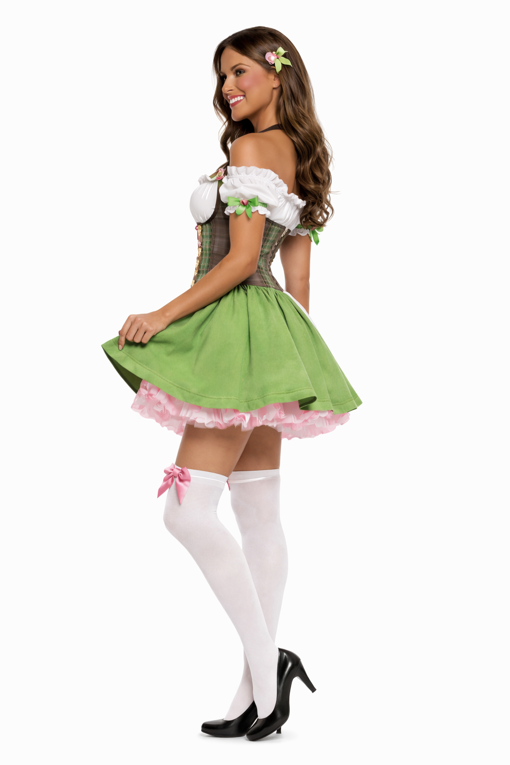 Woman wearing a green and white beer girl costume with a white background