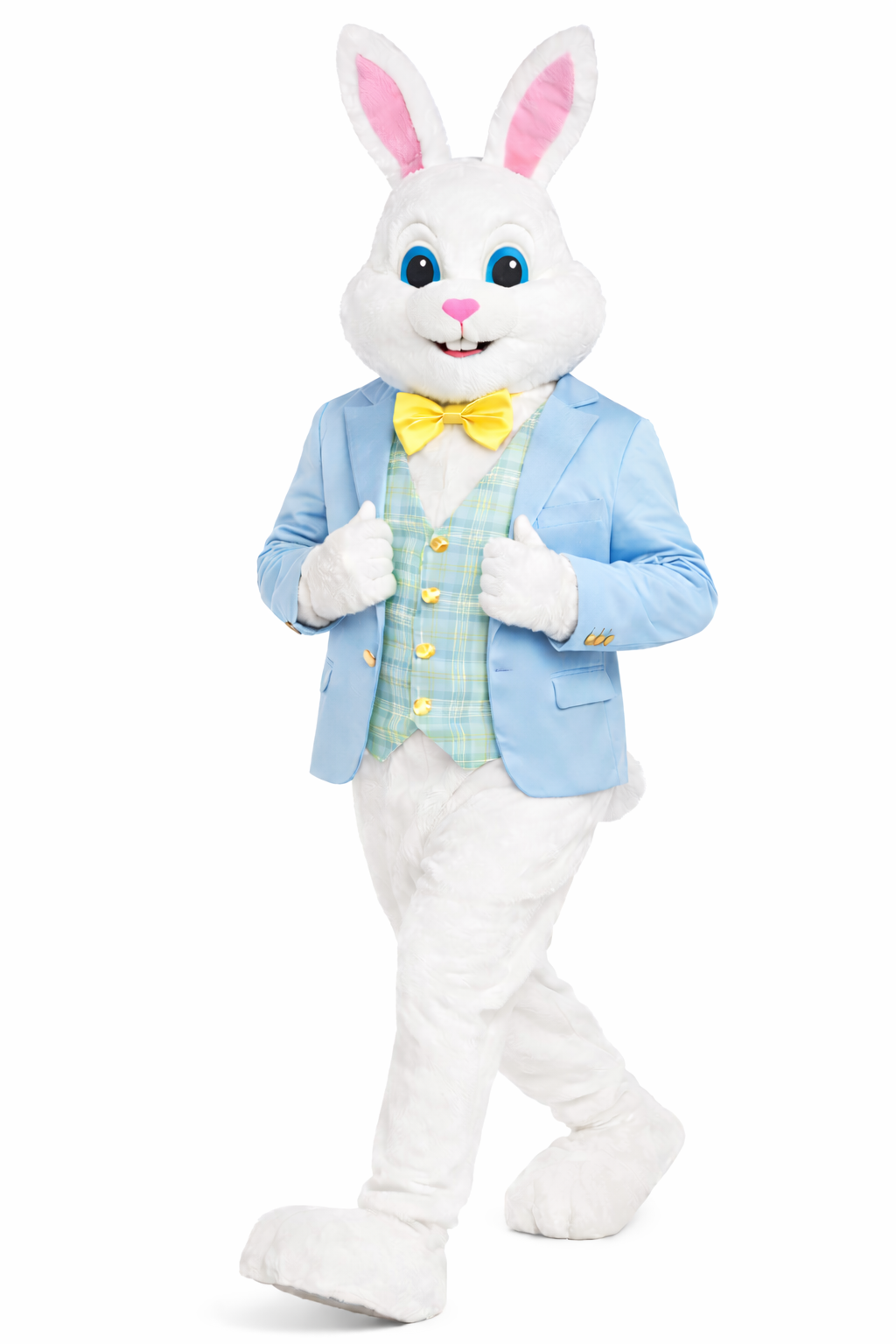 Easter bunny mascot costume with a blue jacket and yellow bow tie on a white background