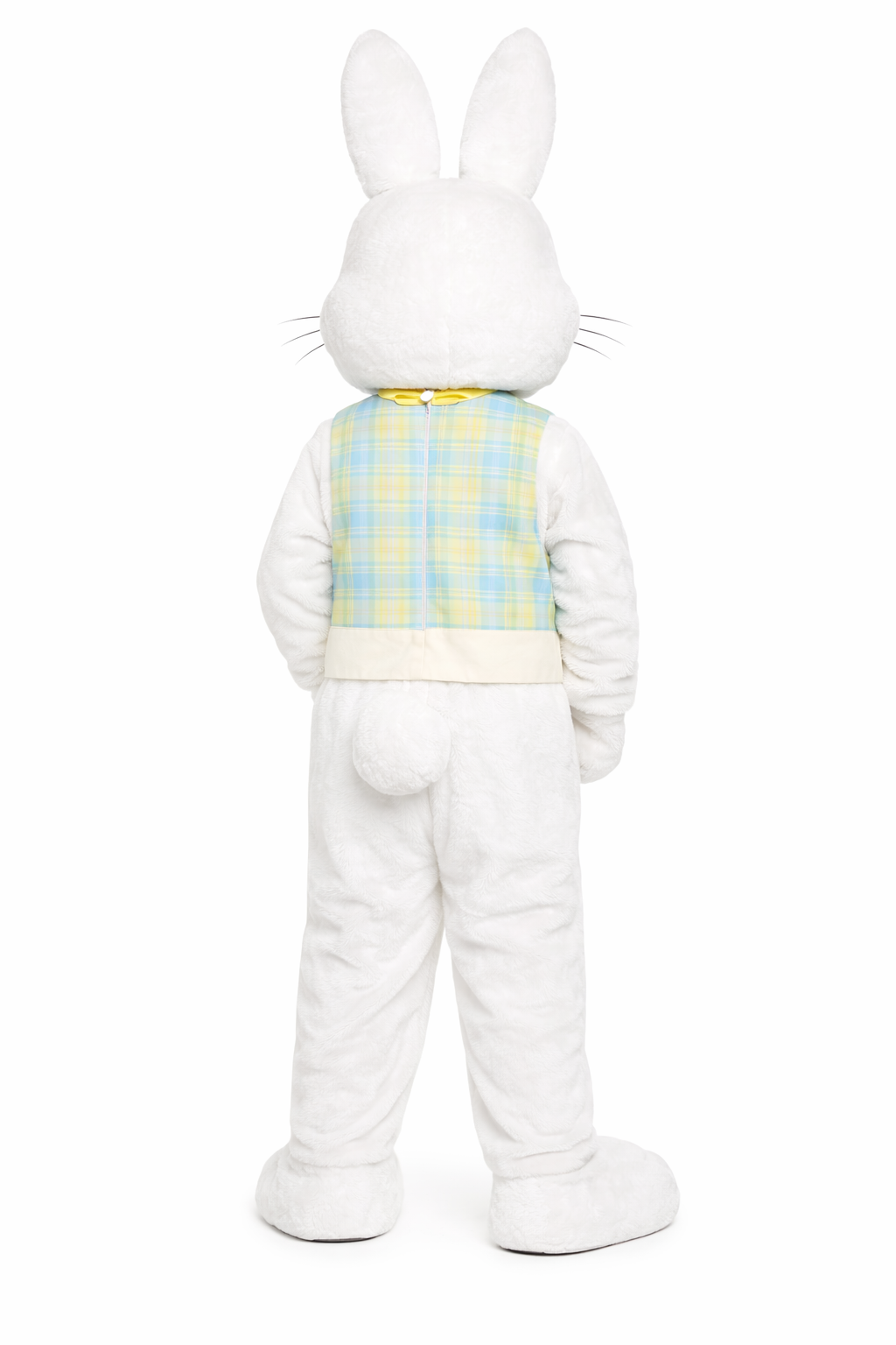 White bunny costume with a plaid vest on a white background