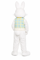 White bunny costume with a plaid vest on a white background
