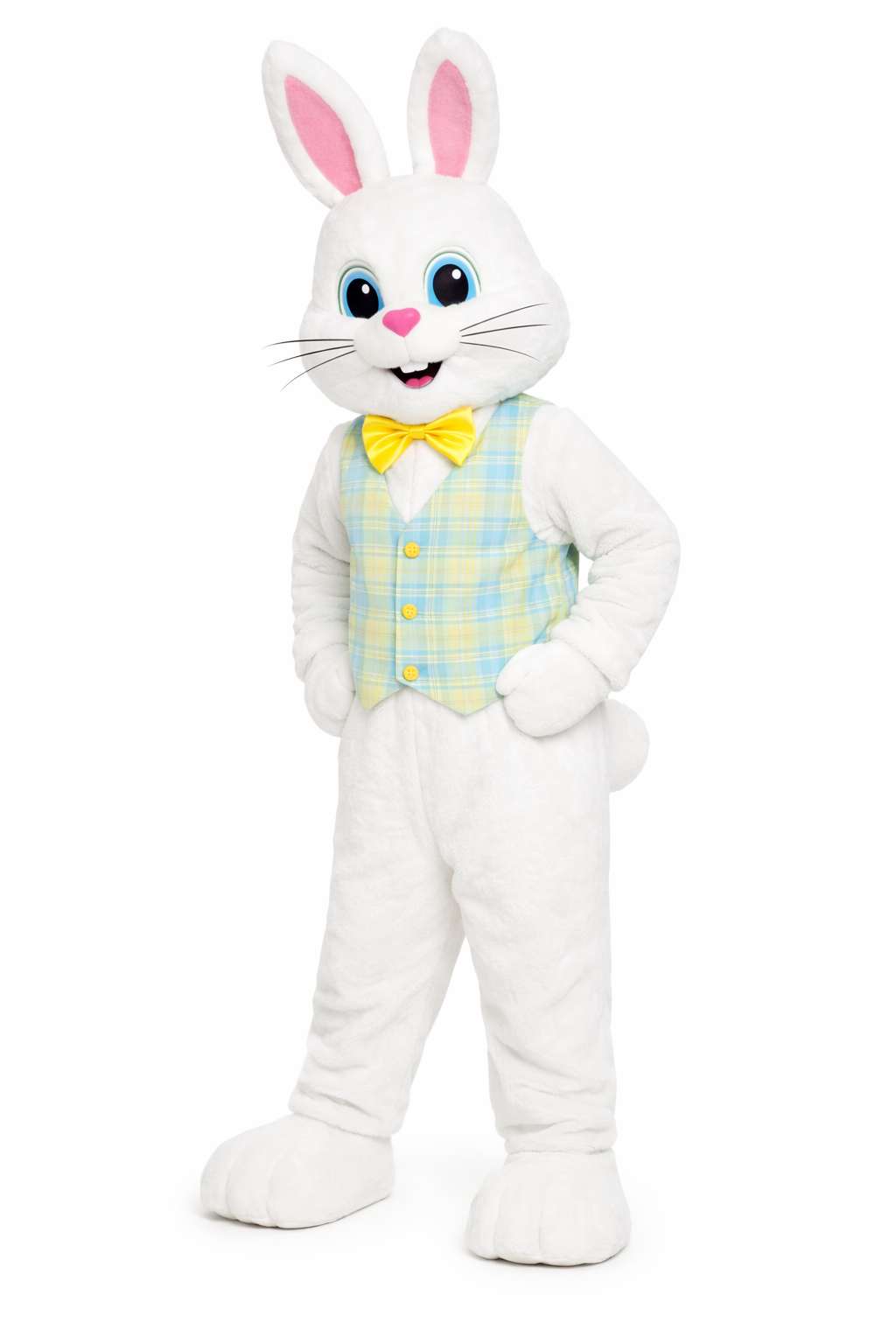 White bunny costume with a yellow bow tie and plaid vest on a white background