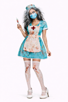 Person wearing a Halloween costume with a bloody nurse dress on a white background