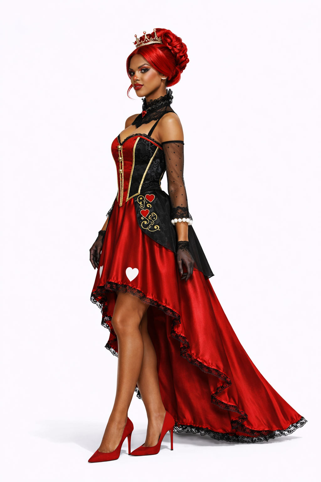 Woman in a red and black costume with a white background