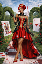 Woman in a red queen costume standing in a garden with playing card decorations