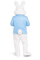 Back view of a child wearing a bunny costume with a blue shirt on a white background