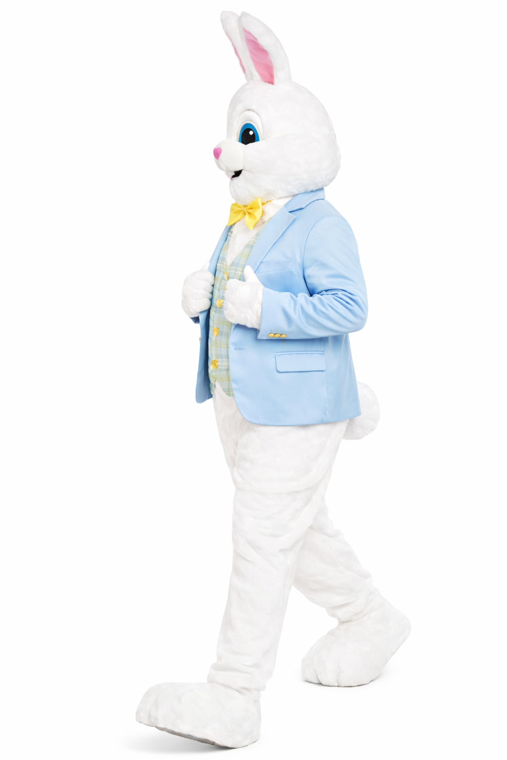 Person in a white bunny costume with a blue jacket on a white background