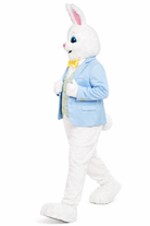 Person in a white bunny costume with a blue jacket on a white background