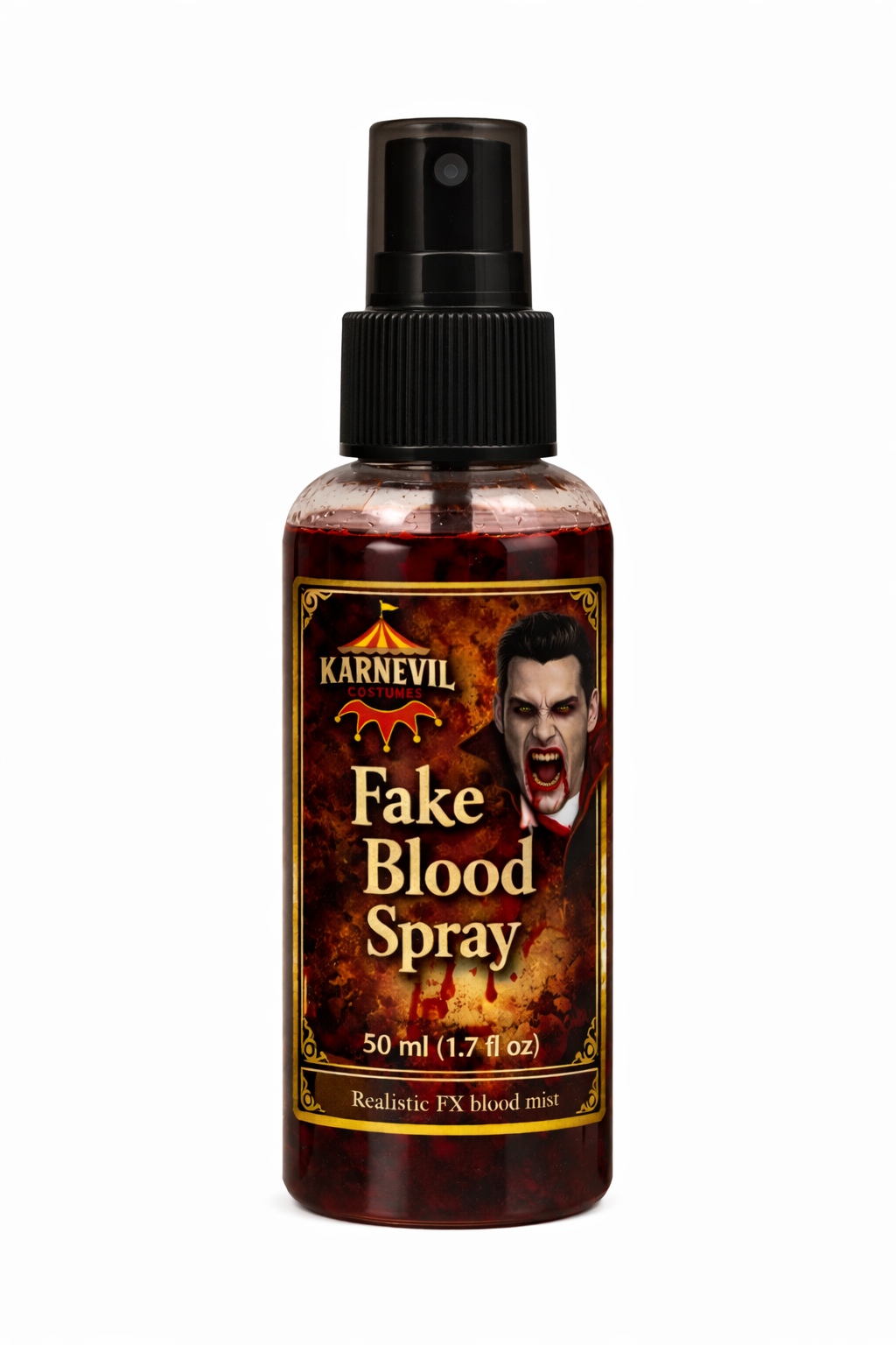 Fake blood spray bottle with label featuring a vampire illustration on a white background