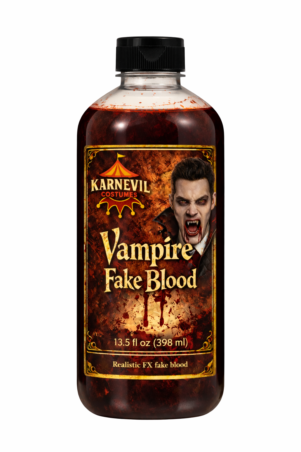 Bottle of Karnevil Vampire Fake Blood with a label featuring a vampire face.