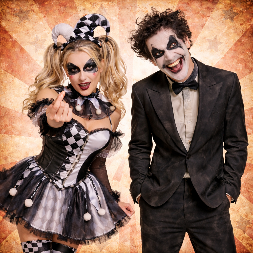Two people in Halloween costumes, one in a jester outfit and the other in a formal suit with makeup, against an orange background.