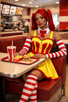 Person in Ronald McDonald costume sitting at a diner table with food.