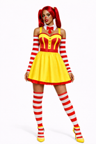 Person wearing a yellow and red costume with striped socks on a white background