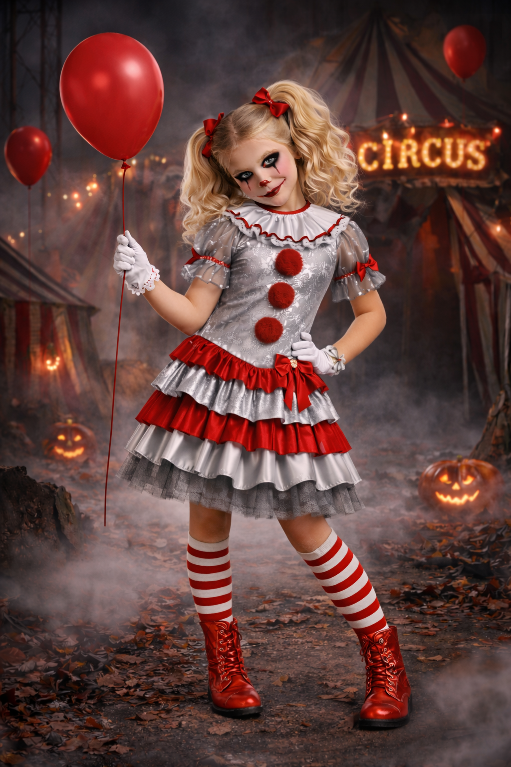 Child in a clown costume with red balloons and a circus backdrop