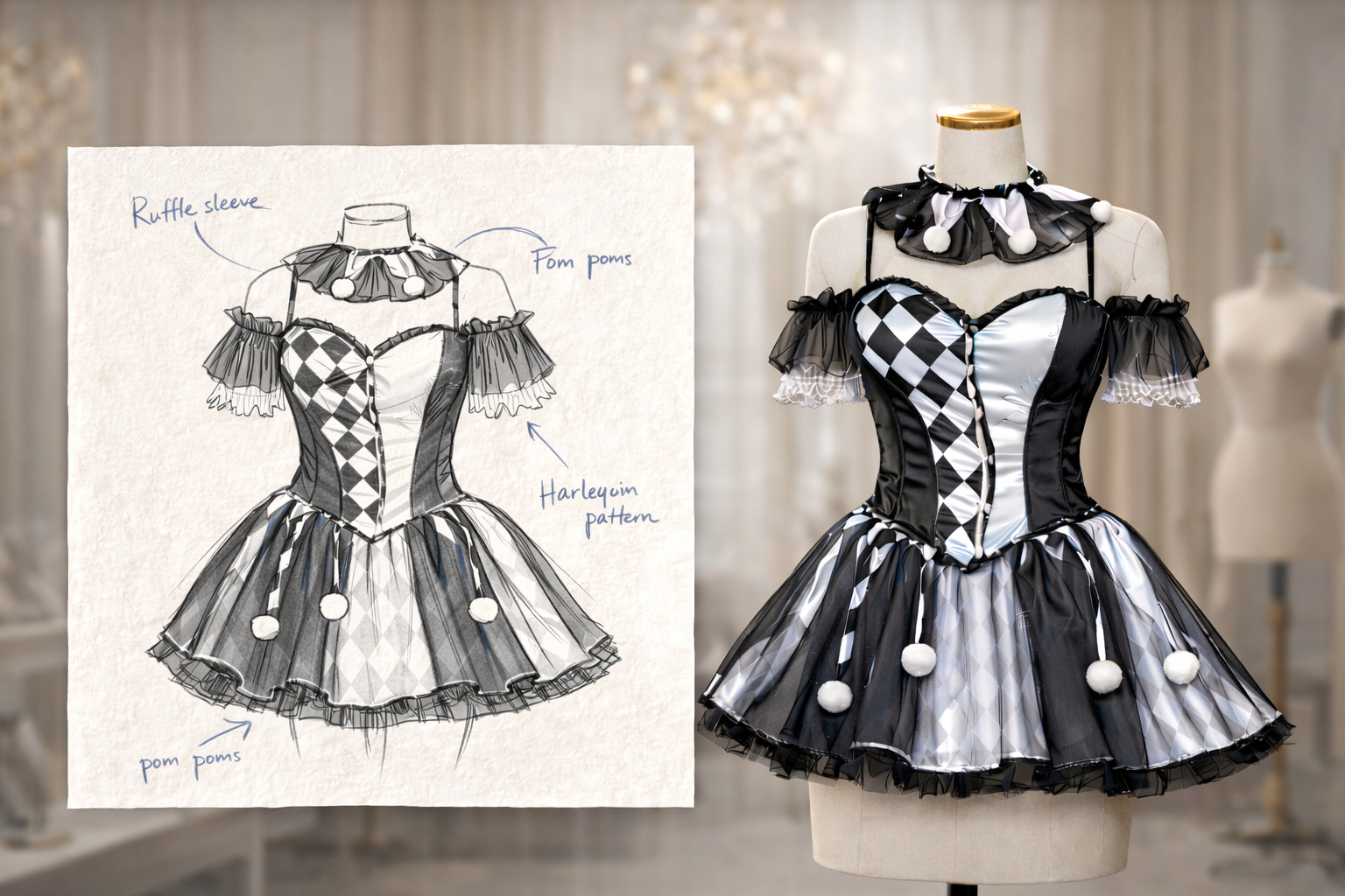 Harlequin-style dress on a mannequin with a design sketch next to it.