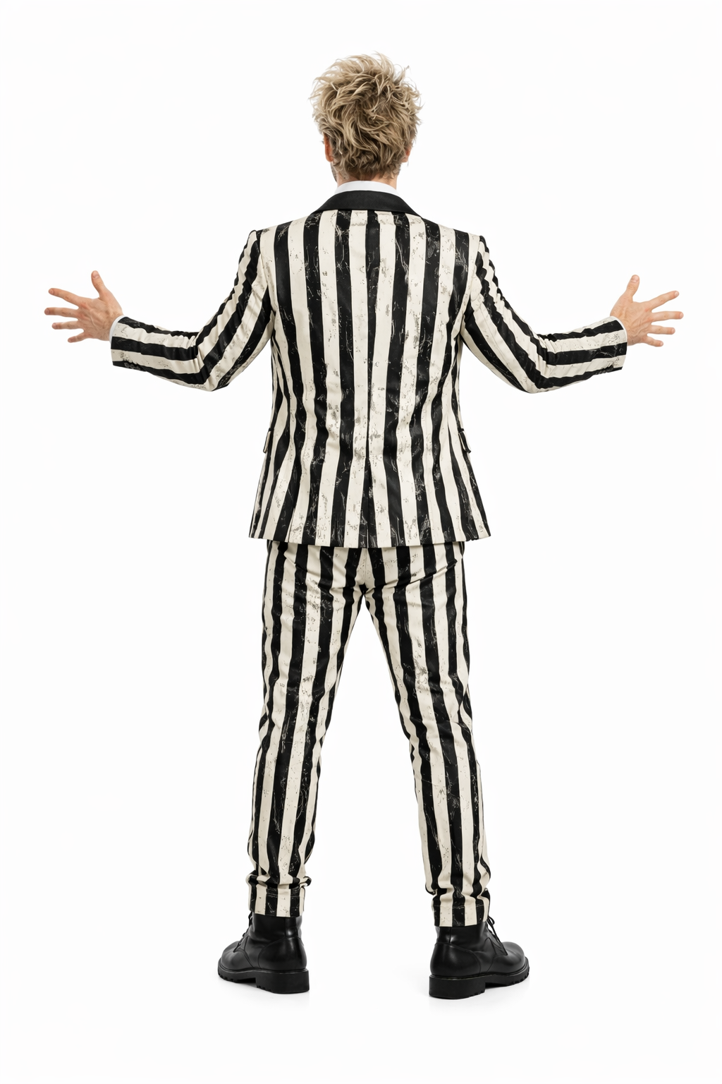Person wearing a black and white striped suit on a white background