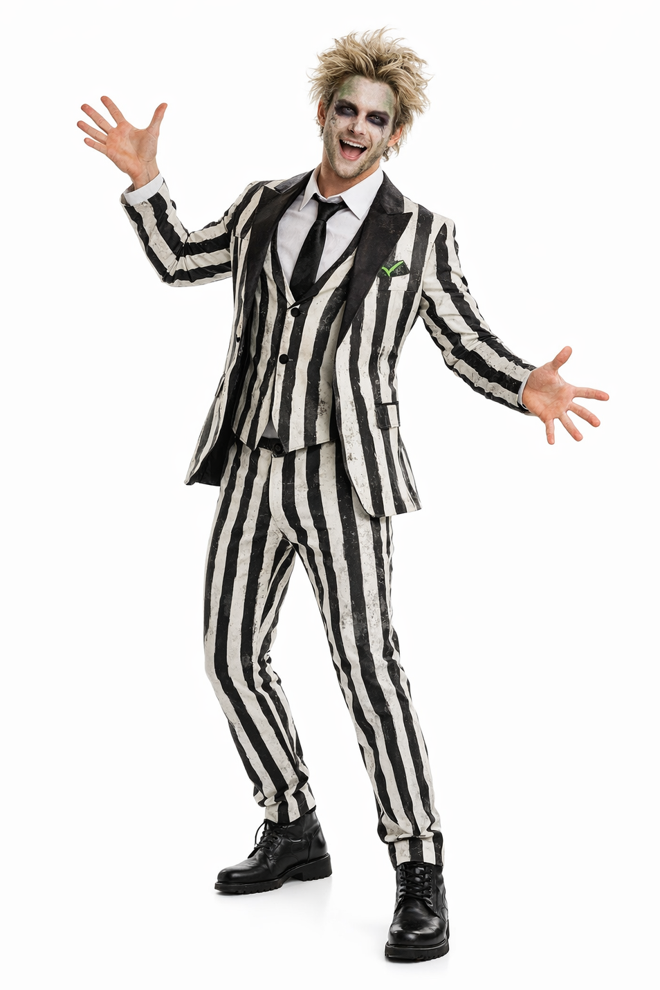 Person wearing a striped suit with a white background