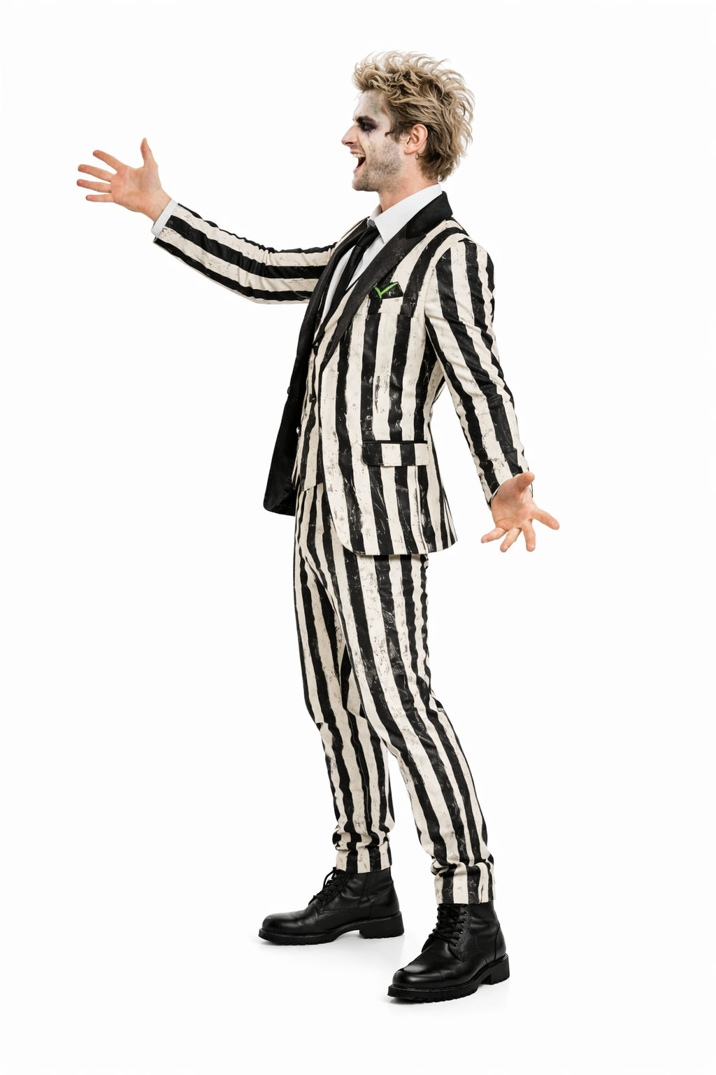 Person wearing a black and white striped suit on a white background