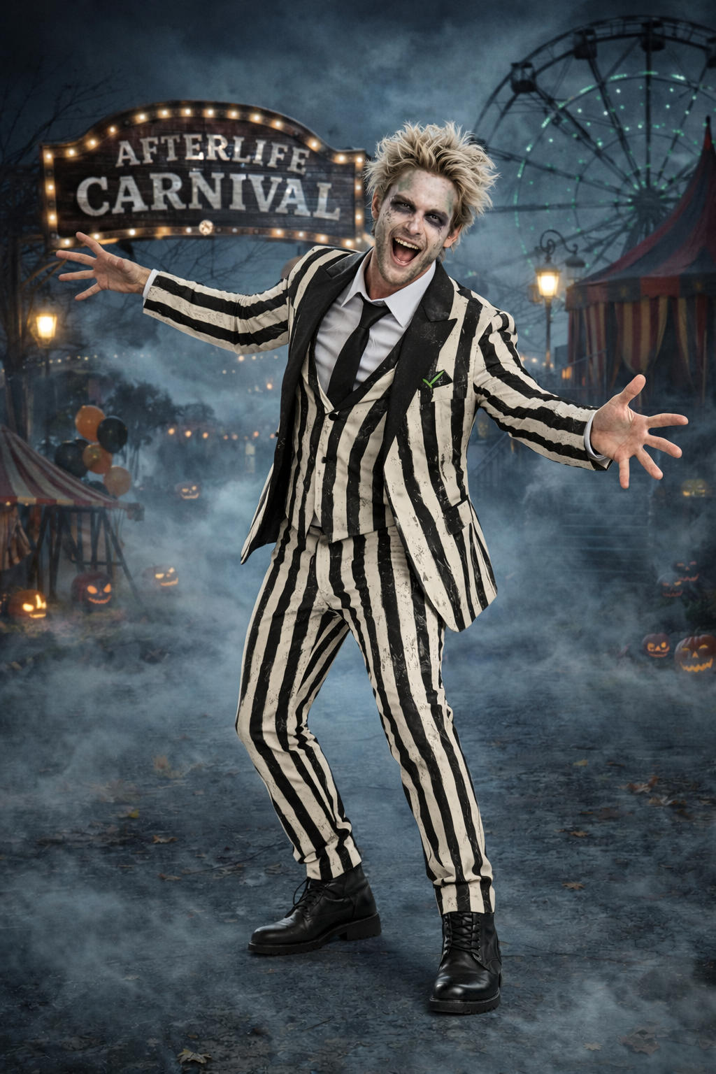 Person in a striped suit standing in front of an 'Afterlife Carnival' sign with a dark, eerie background.