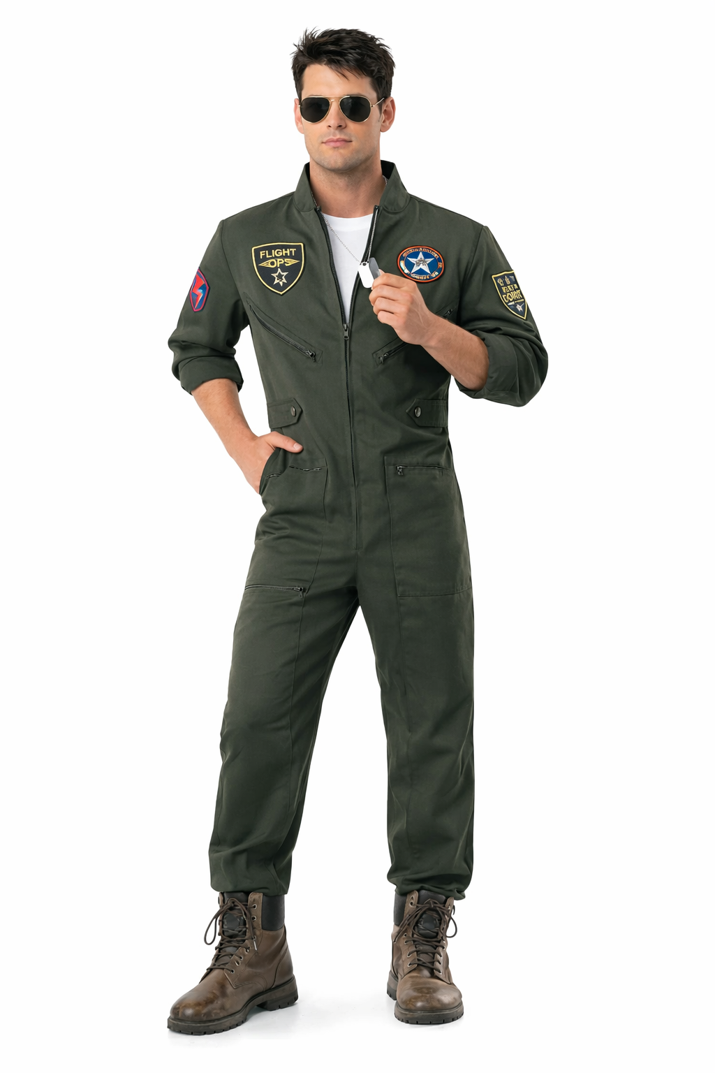 Person wearing a green flight suit with patches on a white background