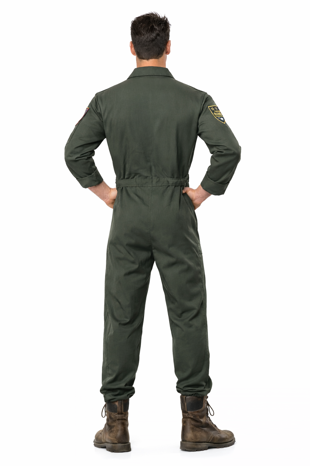 Person wearing a green flight suit on a white background