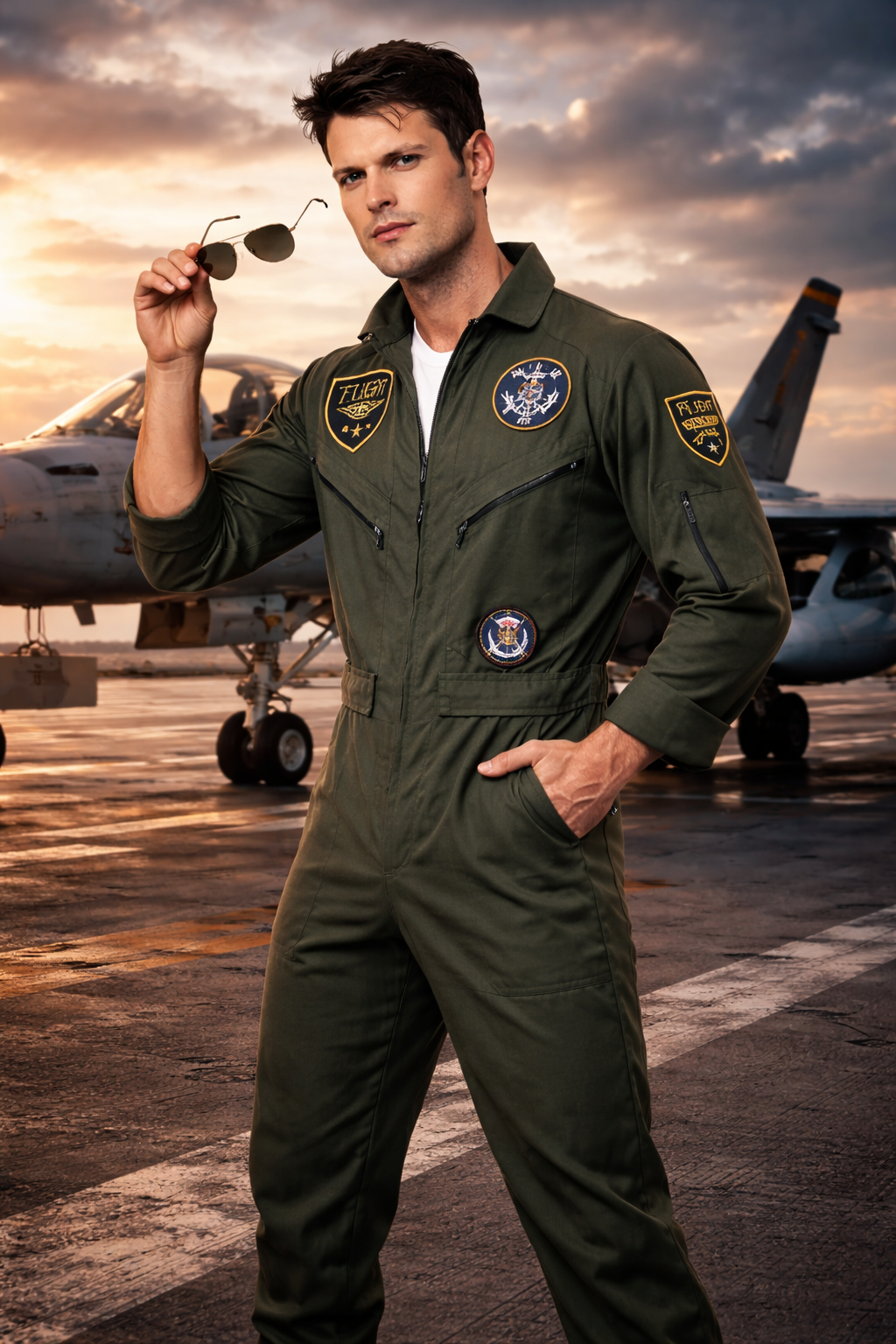 Man in military flight suit standing on an airfield with aircraft in the background