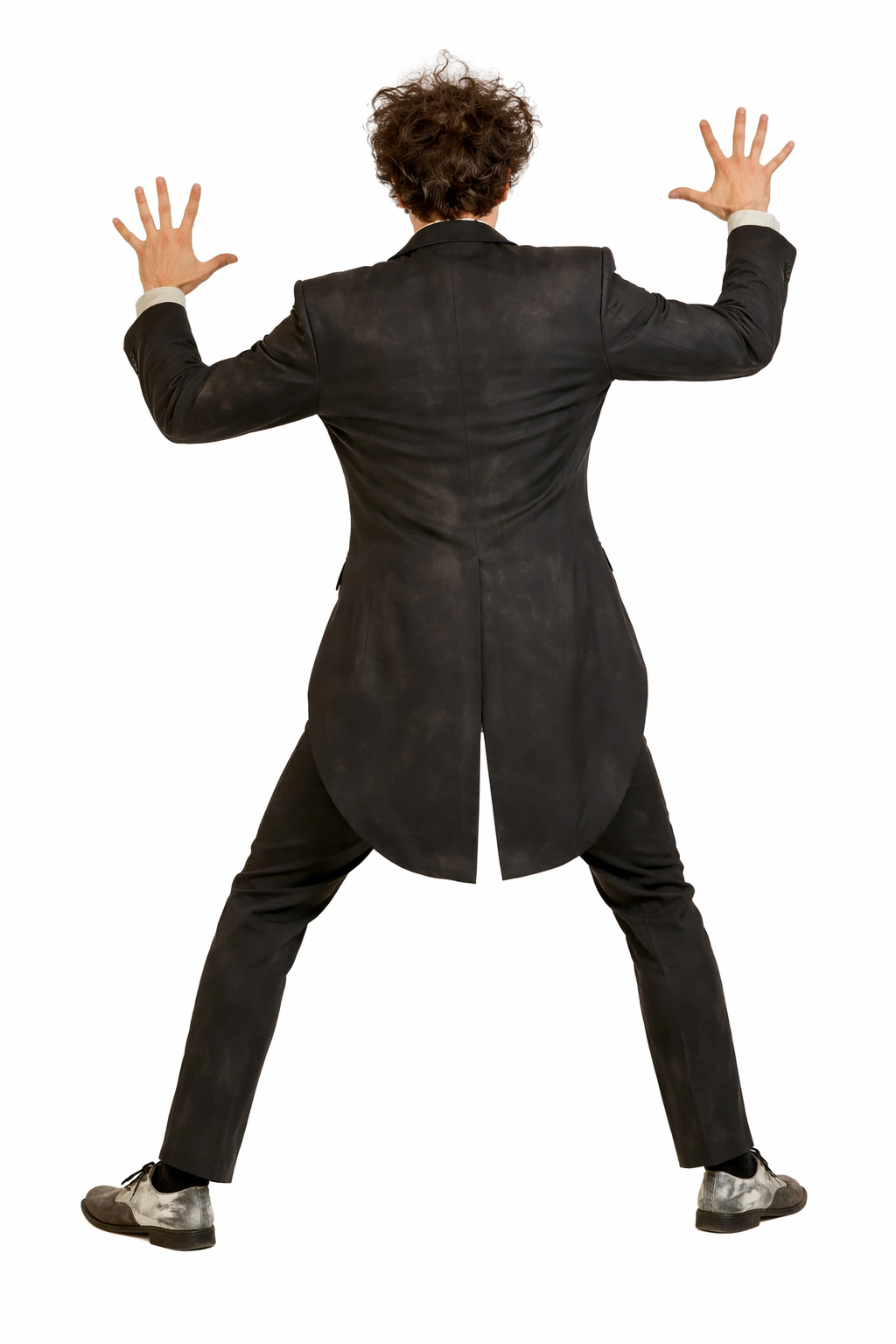 Person wearing a long black coat from behind on a white background