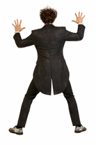 Person wearing a long black coat from behind on a white background